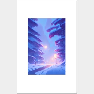 Anime Snowy Street Lights Christmas Landscape Posters and Art